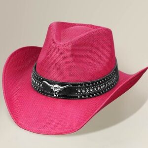 Fuchsia Pink Steer Head Accent Studded Leather Band Western Straw Cowboy Hat